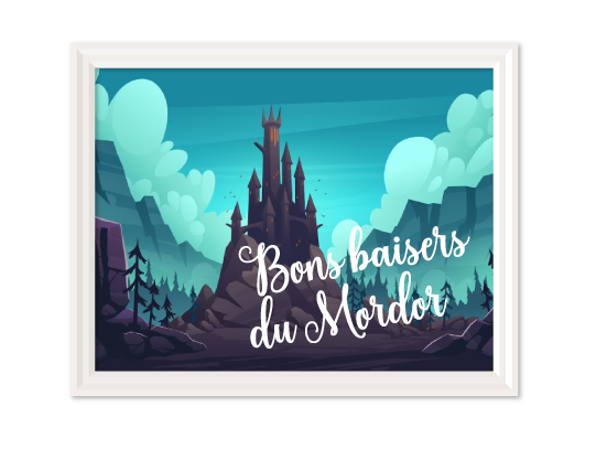 tableau en flat design de la tour du mordor avec le texte bon baisers du mordor en écriture cursive