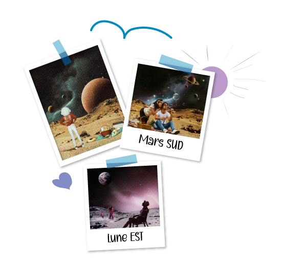 trois images polaroïds qui montrent des humains sur plusieurs planètes qui pique-niquent comme un voyage touristique
